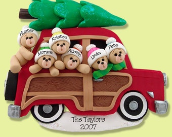 Belly Bear Family of 6 in Woody Wagon HANDMADE POLYMER CLAY Personalized Christmas Ornament