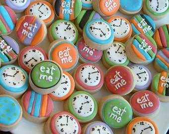 Alice in Wonderland - Eat Me MINI cookies - clock mini cookies - cookie favors - 2, 3, or 4 dozen decorated cookies