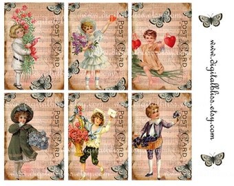 Digital Collage Sheet Hearts Flowers and Music Vintage Children Postcard ECS ATC
