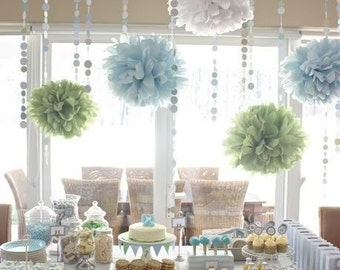 Bridal Shower Decorations ... tissue paper poms and garland // bridal shower decor // buffet table decor // wedding decor