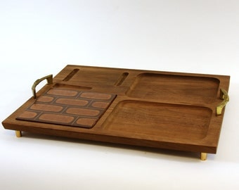 Gorgeous Teak and Tile Cheese Board Serving Tray