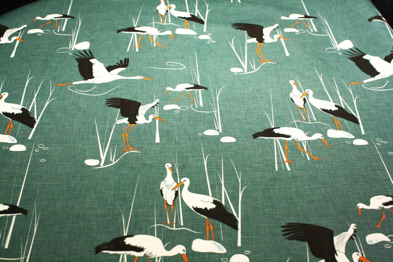 Emerald Upholstery Fabric with birds Storks