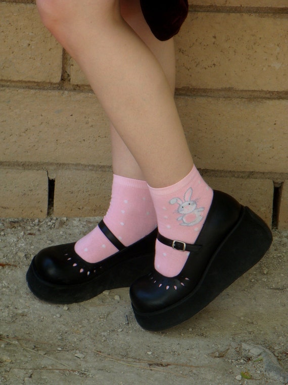 Vtg 90s Black Platform Mary Janes wedge lolita Cutout Sexy