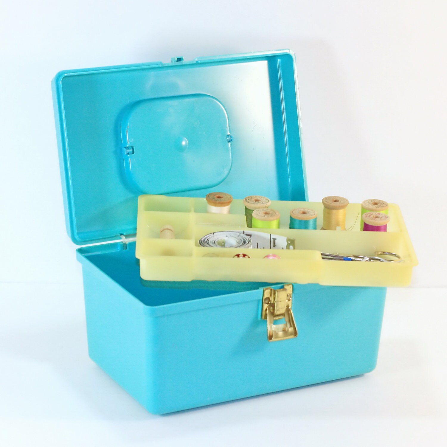 Vintage aqua Wilhold sewing box by Wilson Mfg. Corp