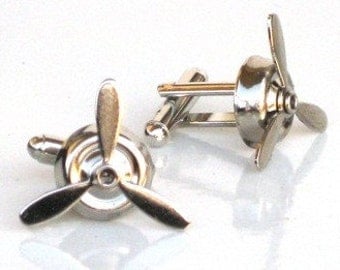 Steampunk - Airplane PROPELLER Cuff Links - Rotating Blades - Aviator - Shiny Silver - Neo Vicotirian - By GlazedBlackCherry