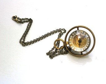 Steampunk Watch Necklace - Time Piece - Pocket Watch is on a Turner - Brass Chain - GlazedBlackCherry