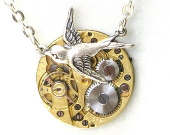 RARE Steampunk - SOARING BIRD Vintage Watch Movement Pendant Necklace - Neo Vicotirian - GlazedBlackCherry 6