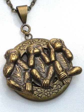 Steampunk - SPEAK SEE HEAR No Evil Locket Necklace - Antique Brass Pendant - Neo Victorian - By GlazedBlackCherry
