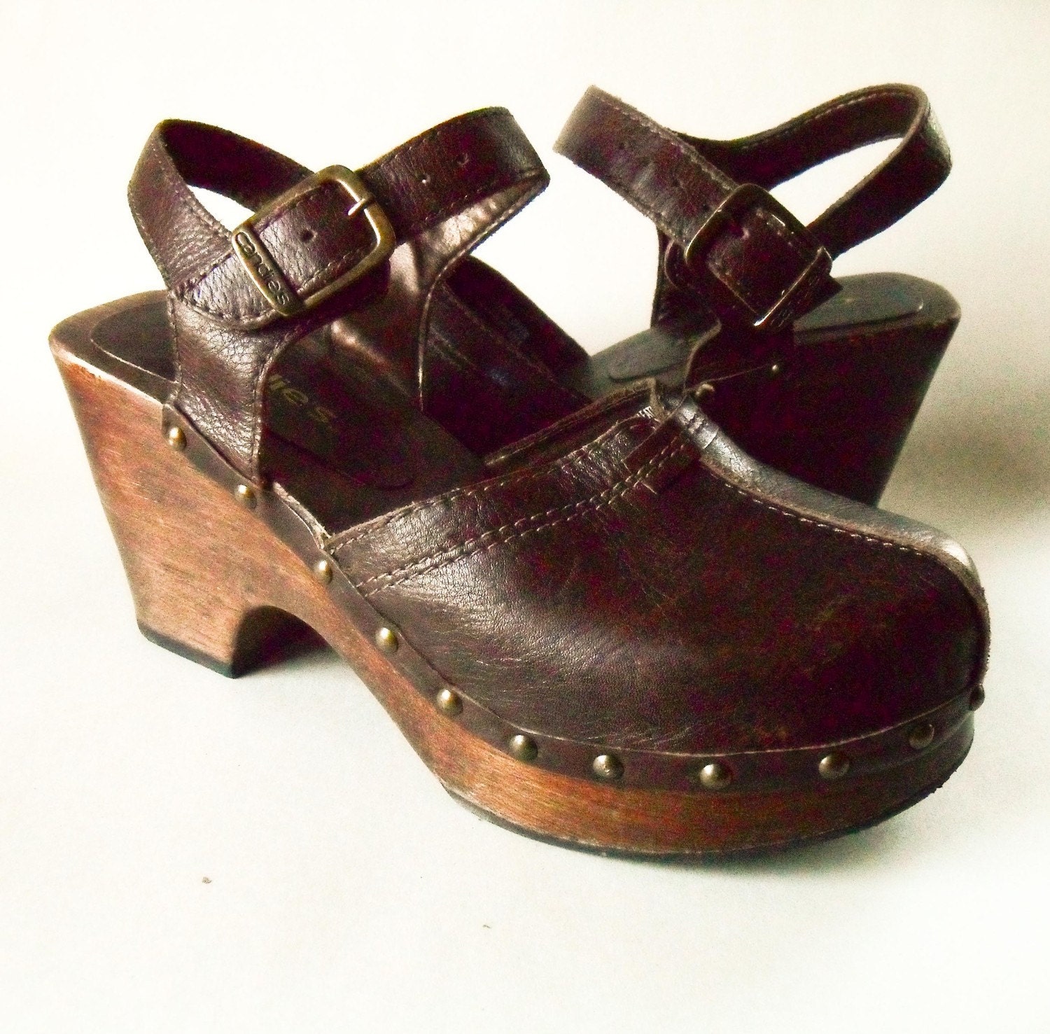 Brown Leather early 90s Wooden Mary  Jane  Clogs 