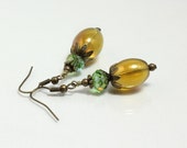 Pineapple Earrings, Golden Yellow Mystic Glass and Green Crystal, Vintage Style