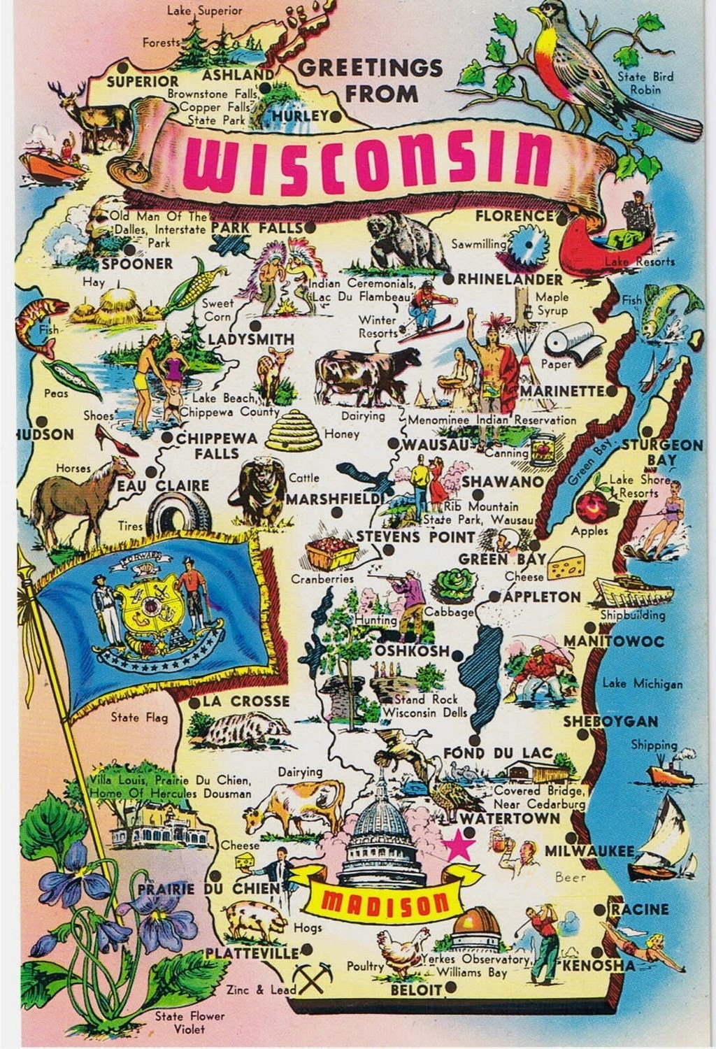 Vintage Postcards States Maps USA Wisconsin Map Postcard