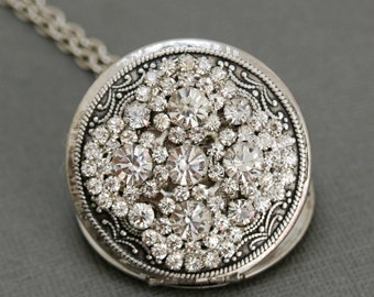 Locket, Silver Locket, Locket,Rhinestone Locket,Jewelry Gift,vintage style locket,Wedding Necklace,bridesmaid necklace