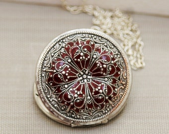 Locket, Poppy Locket,locket,Silver Locket,filigree locket necklace,photo locket , Garnet Red