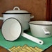 Enamelware Pots and Pans Set of Three White with Navy Trim