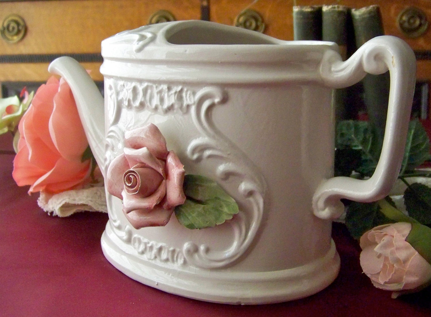 Vintage Teapot Capodimonte Pink Rose Italy Teapot Planter
