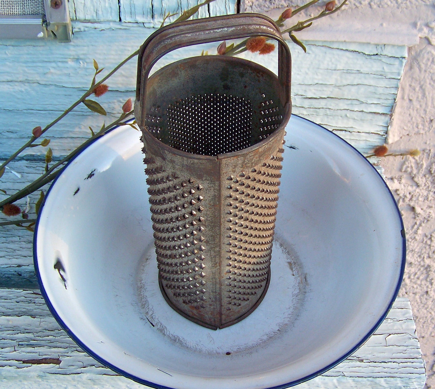 Primitive Rusty Round Tin Cheese Grater