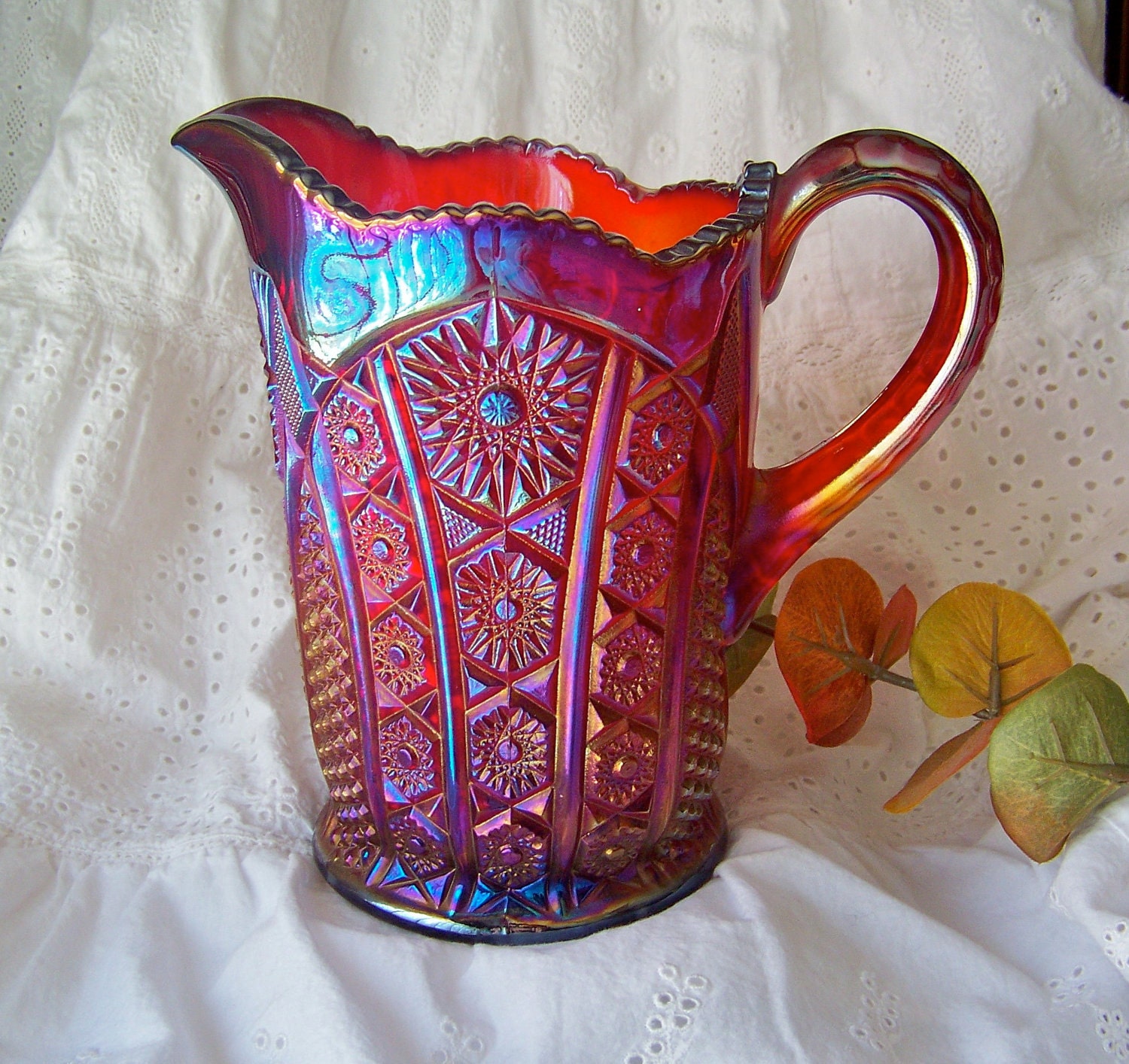 Red Heirloom Carnival Glass Pitcher RESERVED