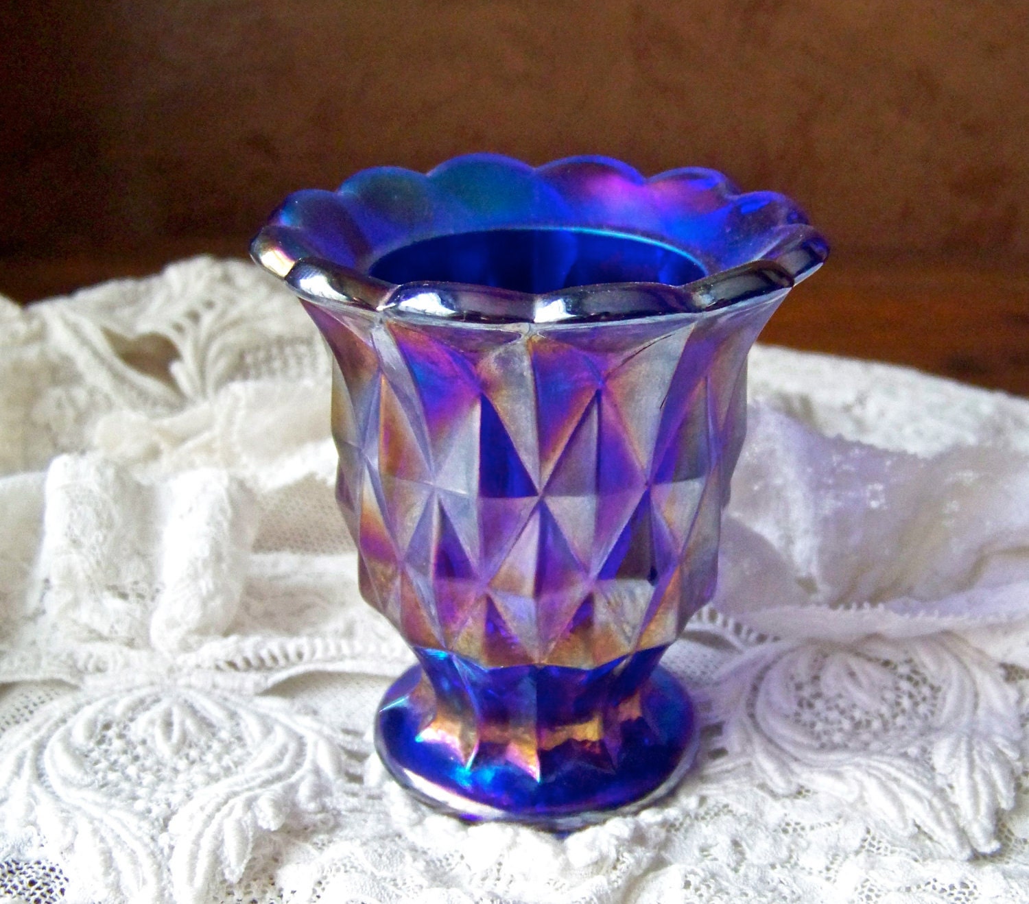 Vintage Carnival Glass Toothpick Holder Deep Purple Blue