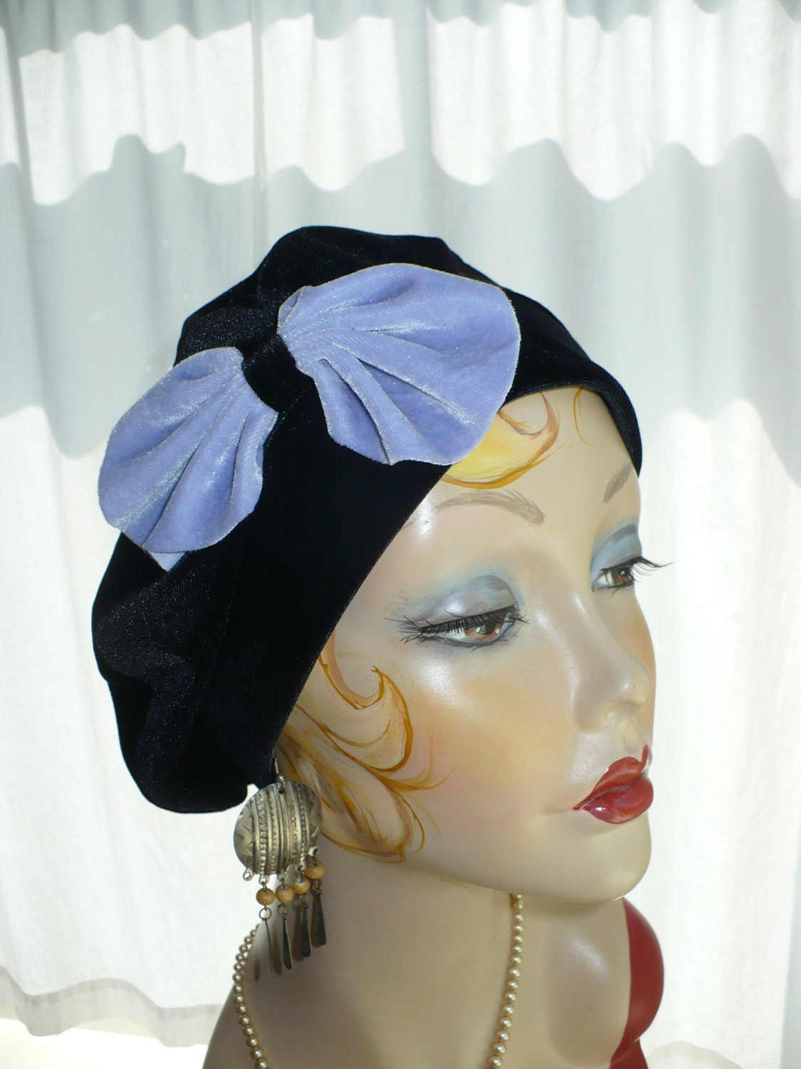 Black Velvet Beret With Floppy Bow by GreatHat on Etsy