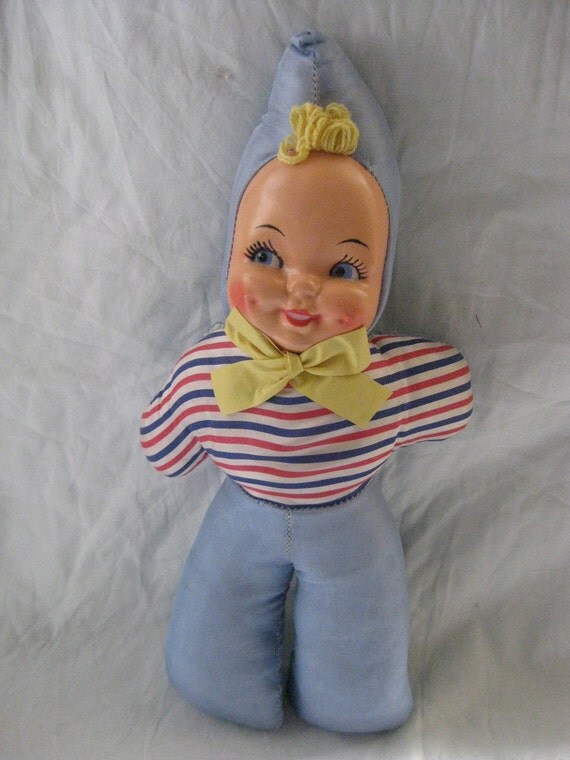 1950s Vintage Plastic Face Doll Little Boy in Blue Pointy