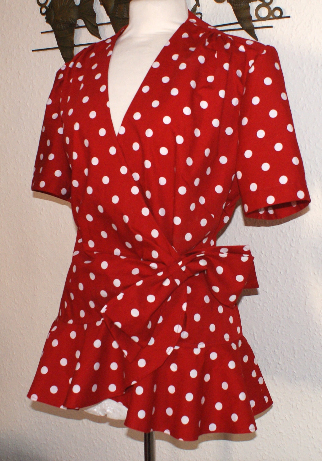 Repro 1940s vintage style wrap around blouse polka dots XL bow