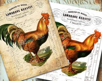Vintage FRENCH ROOSTER Digital Collage Sheet 2 Large Images Print on Pillows T Shirts Bags Totes Paper Iron-On-Transfer GalleryCat CS165AB