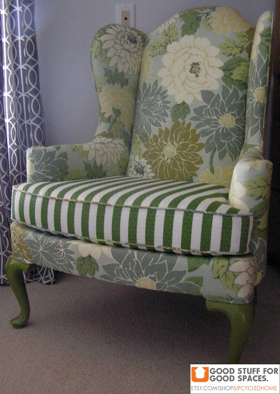 Vintage Wingback Chair Reupholstered in Flowered and Striped