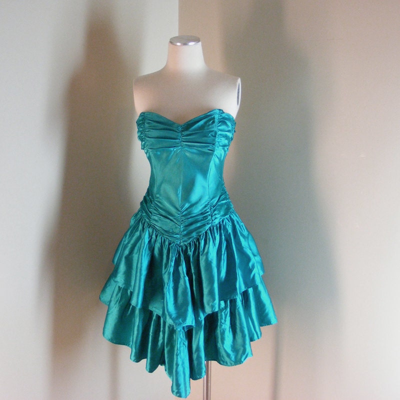 80s prom dress vintage teal satin strapless tiered skirt xs