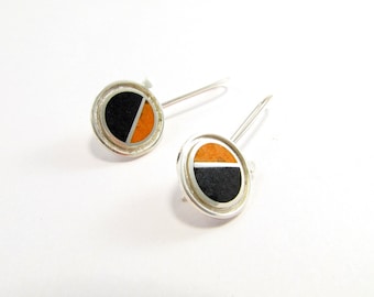 Sterling Silver Earrings, Satélite, Black and Orange, Geometric, Modern, Contemporary