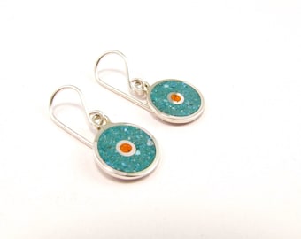 Sterling Silver Earrings, Orange Dot, Colorful Dangle Earrings, Modern, Contemporary