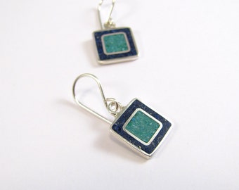Blue Square Earrings, Sterling Silver Earrings, Blue and Turquoise
