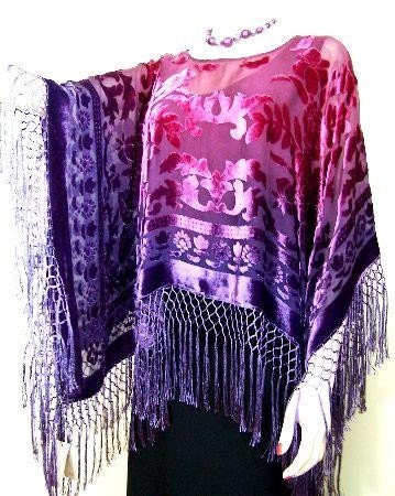 Silk burnout velvet Poncho Shawl Top Purple and Magenta Hand