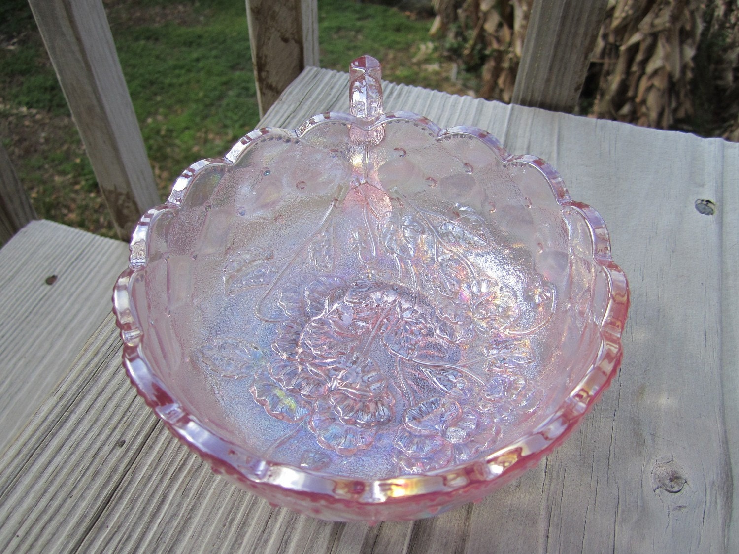 Vintage Imperial Pink Carnival Glass Nappy Bowl Pansy Quilted 7118