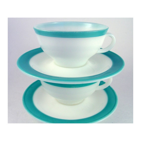 Pyrex Milk Glass Vintage Turquoise Teacup And Saucers 2