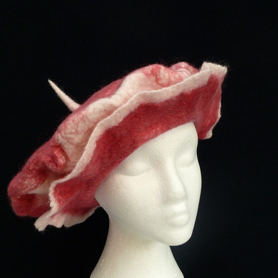Wool Felt Hat Beret Hot Pink and White Handmade OOAK