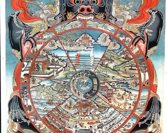 Wheel of Life Art Print of Tibetan Buddhist Thangka Painting, Vintage, 22 x 30 inches