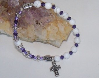 White Turquoise Rosary Bracelet - Peace and Joy Word Beads