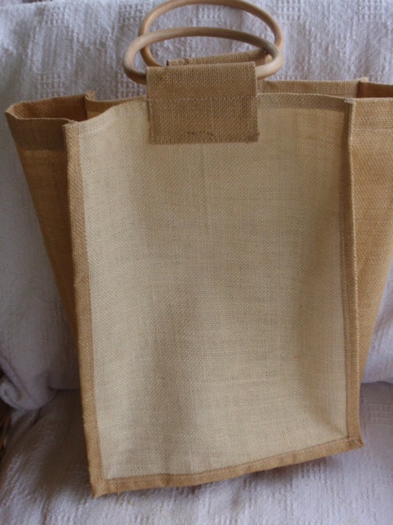 Canvas Burlap Wine Shopping Bag Tote Bamboo Wood Handles Reusable ...