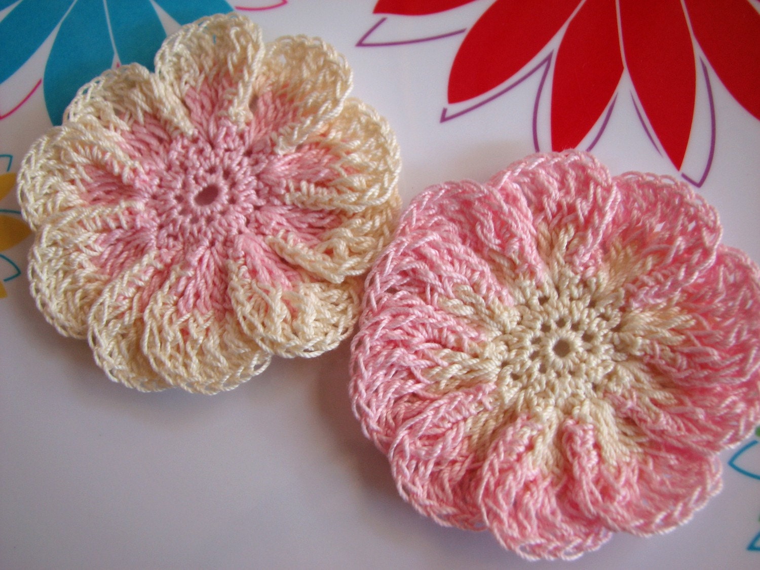 Crochet Flowers 2 Large Pink & Cream Thread Flowers