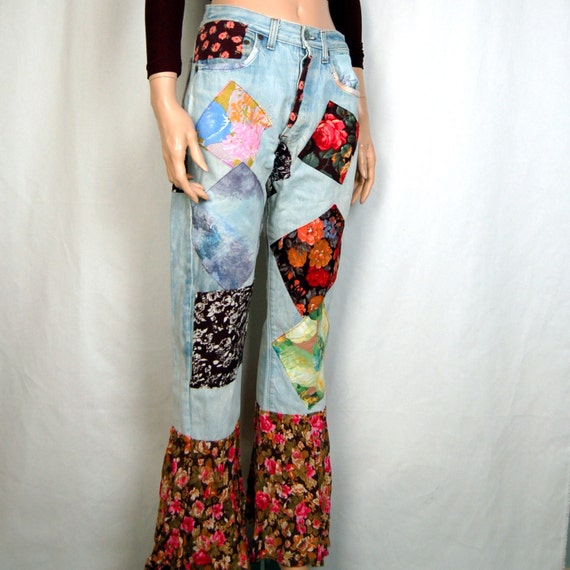 90's High Waisted Jeans patchwork floral bell bottoms