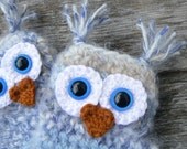 Crochet Owl Fingerless Gloves Wrist Warmers with Cobalt Blue Safety Eyes, Soft Multi-Toned Blue Acrylic Yarn Woman's Sizes