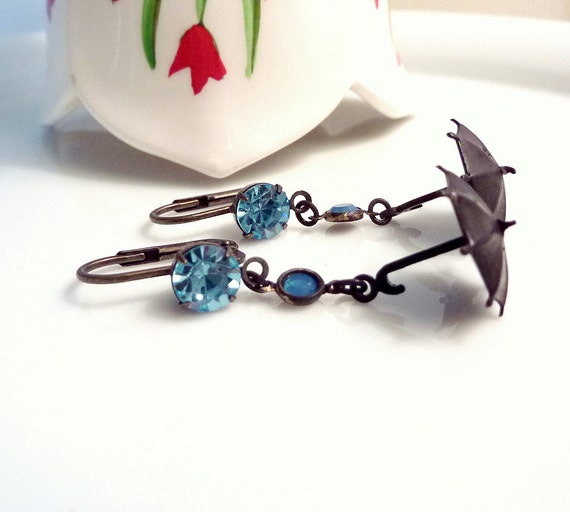 Vintage Brass Umbrella Earrings Blue Rhinestone by SirensSoul