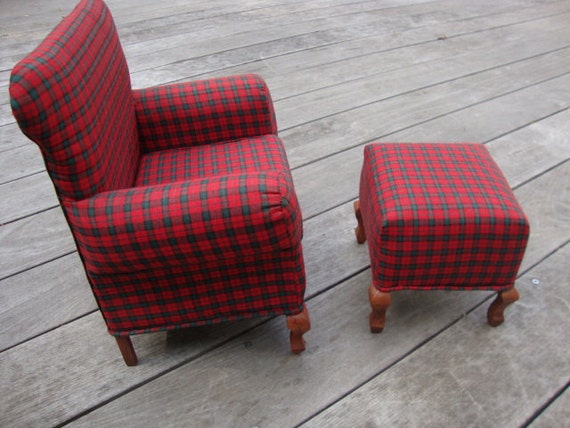 Vintage Red Green Plaid Small Chair and Ottoman with Wooden