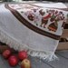 Charming Vintage Linen Tablecloth Pennsylvania Dutch Dancing Couple Folk Ecru Brown Autumn Fruit Brown Trim Tassels Country Farm American