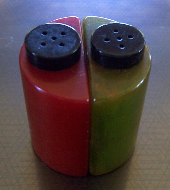 Vintage Bakelite Red and Green Salt and Pepper Shaker