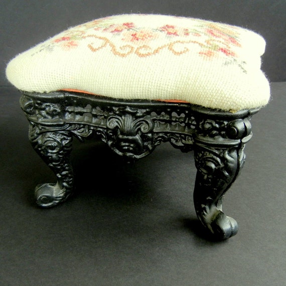 Precious Vintage NEEDLEPOINT FOOTSTOOL with Cast Iron Base