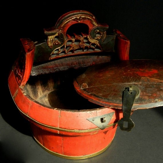 Antique Chinese WEDDING / RICE BASKET with removable Lid