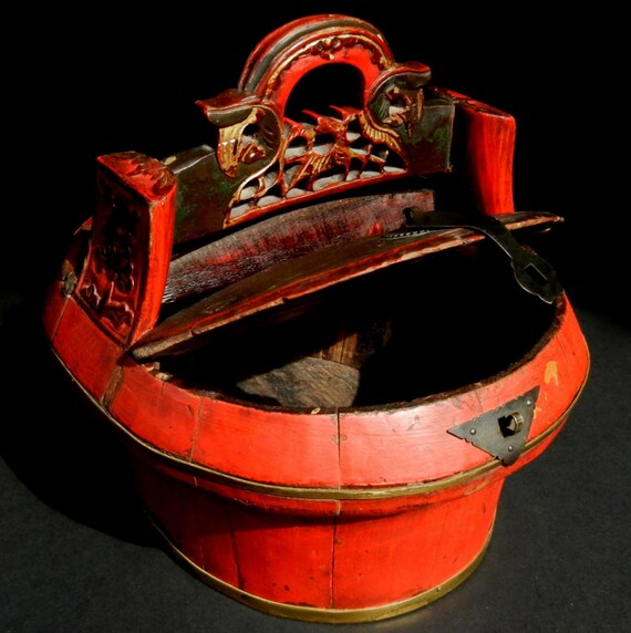 Antique Chinese WEDDING / RICE BASKET with removable Lid