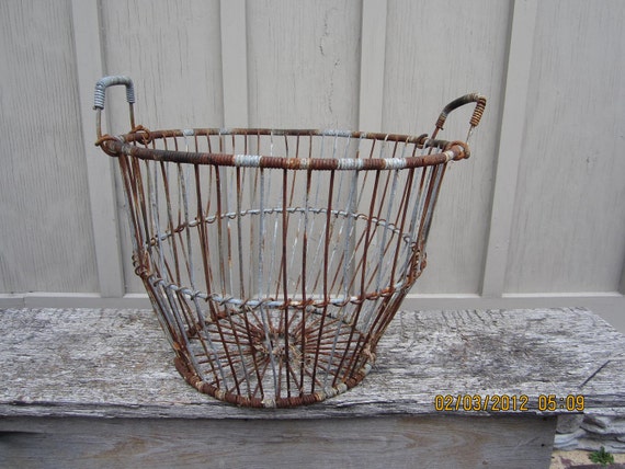 Vintage Wire Basket Clams Eggs vegetables rustic country