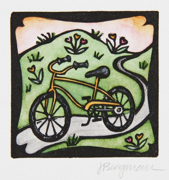 Bicycle linocut with watercolor